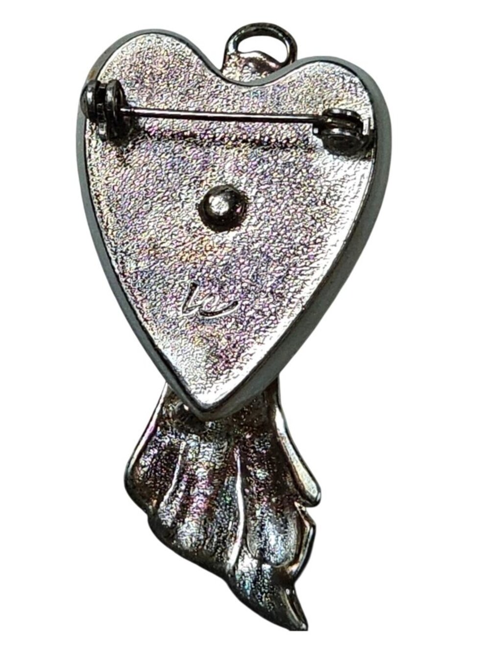 LC Angel Heart Pendant Silver Tone with Iridescent Mother-of-Pearl Heart VTG - Picture 2 of 5